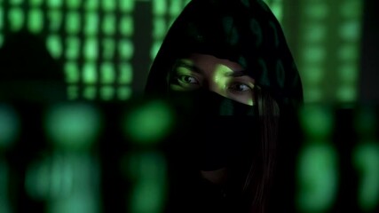 Woman in hood and mask is hacking password. Programmer is writing code on multiple screens to steal private information. Inscription of system failure on background. Hacker attack concept.