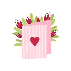 Cute, romantic Valentine's day greeting Card with heart and flowers isolated on a white background. Flat cartoon vector illustration.