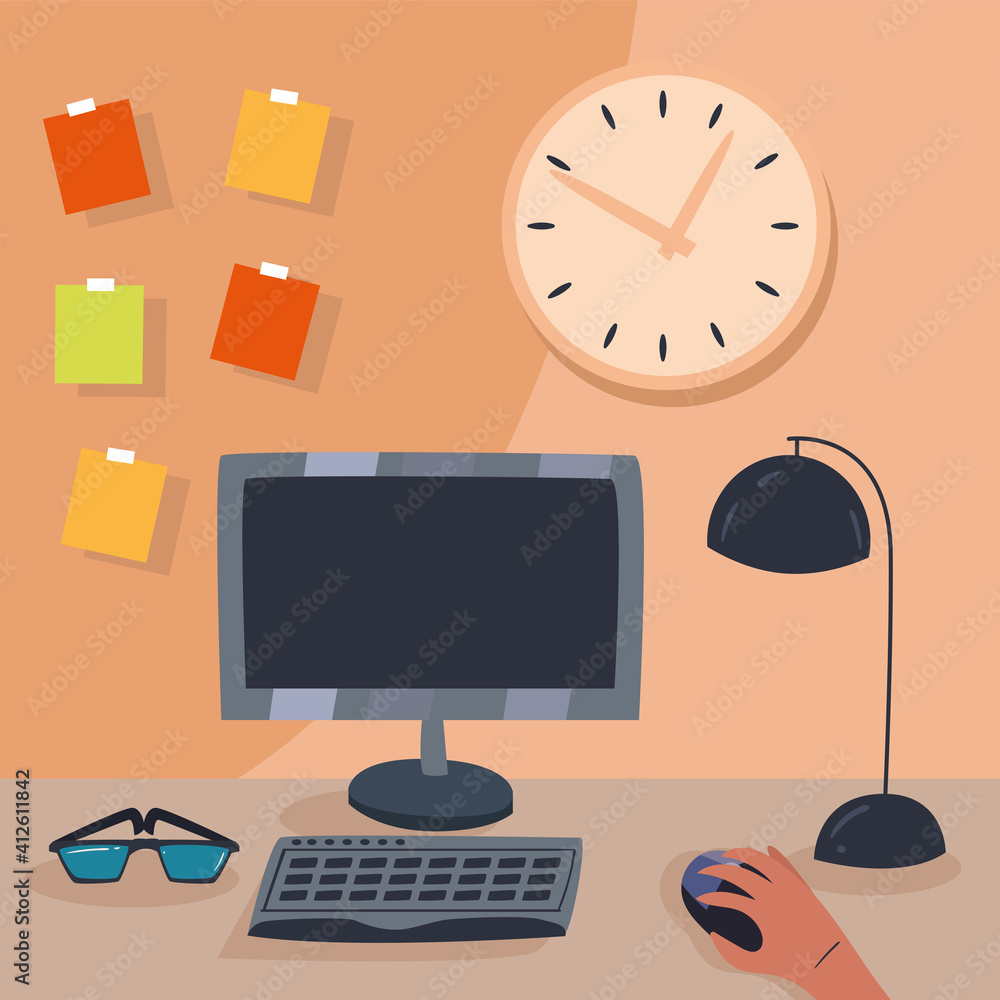 Poster workplace desk with computer and lamp vector design