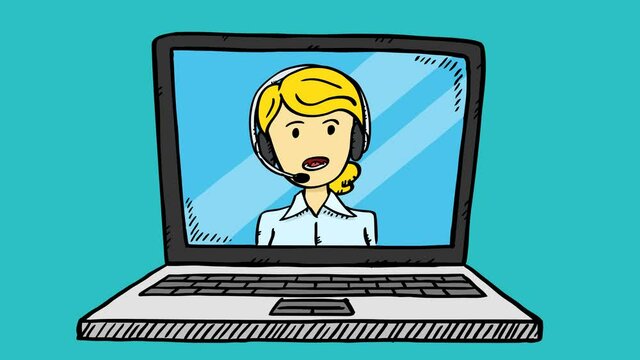 Cartoon style, colorful animation of talking, happy female customer service representative, that shows up on the notebook screen.