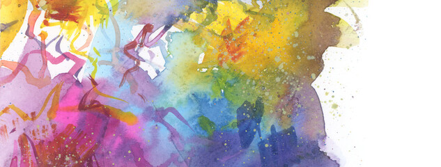 Abstract watercolor smear blot painting. Color long horizontal texture background.
