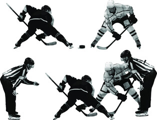 Fototapeta premium Ice hockey. The referee holds the puck in his hand. Hockey players prepared for the game. Figures of hockey players and referees isolated on white background. Illustration. Vector, eps10.