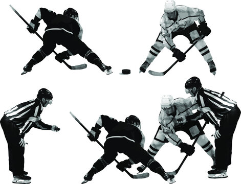 Ice hockey. The referee holds the puck in his hand. Hockey players prepared for the game. Figures of hockey players and referees isolated on white background. Illustration. Vector, eps10.