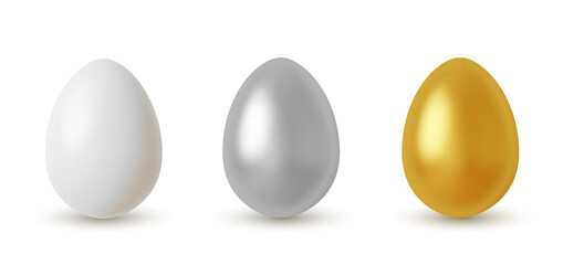 Vector metal Easter eggs set. Realistic silver and golden glitter eggs collection for your design