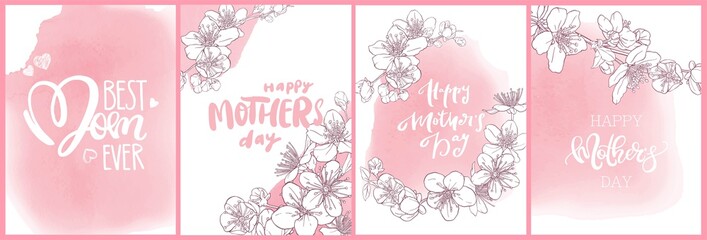 Mother's day illustration. Greeting card design with cherry blossoms and pink watercolor wash.
