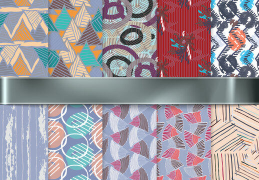 Seamless Pattern Collection with Hand Drawn Rough Abstract Strokes and Floral Elements