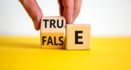 False or true symbol. Businessman flips a wooden cube and changes the word 'false' to 'true' or...