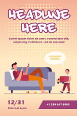 Father lying on sofa and listening son with toy. Child, truck, speech bubble flat vector illustration. Communication and parenthood concept for banner, website design or landing web page