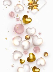 Valentines day celebration template with decorative hearts, gift box, golden confetti on a white background. Flat lay vertical banner. Top view.Realistic vector.