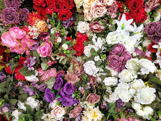 Romantic floral background of white, red and pastel roses