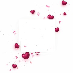 Valentine's day composition. Background with сrimson hearts, flying roses petals,particles. Top view. Pink background for sales, promotionals, web cover. Realistic vector illustration.