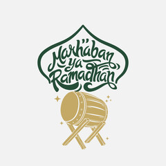 Marhaban Ya Ramadhan Greeting with hand lettering calligraphy and illustration. translation: "Welcome Ramazan, Muslim holy month". Islamic greeting background can use for Eid Mubarak square banner ads