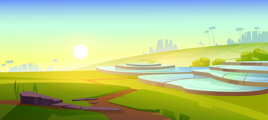 Asian rice field terraces in mountains landscape. Paddy plantation, cascades farm in mount of China, Vietnam, Thailand or Philippines, meadow with green grass scenery view, Cartoon vector illustration © klyaksun