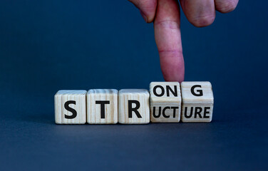 Strong structure symbol. Businessman turns wooden cubes with words 'strong structure'. Beautiful grey background, copy space. Business and strong structure concept.