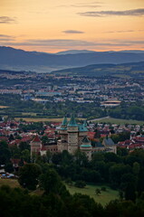 Beautiful aerial view on Bojnice castle and town of Bojnice in a soft light at sunrise