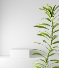 White product display podium with blurred green plant. 3D rendering	