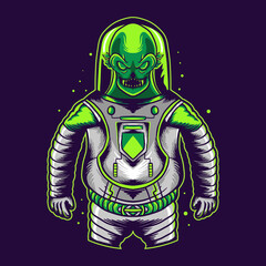 alien with astronaut costume isolated on dark background