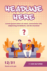 Two guys sitting on sofa with book and smartphone. Reading, device, couch flat vector illustration. Retro and digital technology concept for banner, website design or landing web page