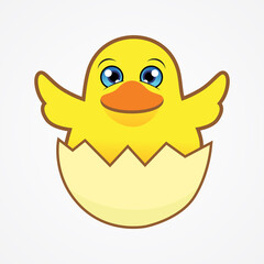 Obraz premium Funny little chick in cracked egg vector graphic illustration. Chicken newborn baby in the shell.