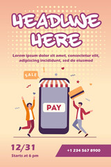 Tiny young guys paying with plastic card via mobile app. Smartphone, online, store flat vector illustration. Shopping and digital technology concept for banner, website design or landing web page