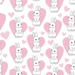 Seamless pattern Rabbit and Heart. Hand Drawn Cute Bunny Pattern, print design background, children print textile design.