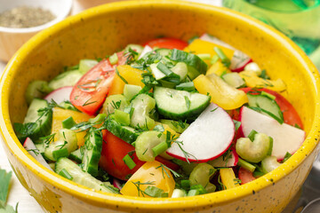 Fresh vegetables salad with radish, cucumber, bell pepper, tomato, celery and greens in ceramic bowl on white wooden rustic background