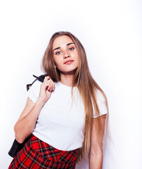 Obraz premium young pretty stylish hipster girl in leather jacket and school shirt posing emotional isolated on white background happy smiling cool smile, lifestyle people concept