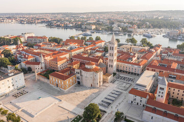 Fototapeta na wymiar Aerial drone shot of Zadar old town square in sunrise hour in Croatia Dalmatia area