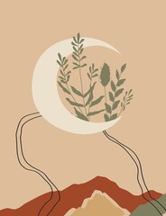 Abstract contemporary landscape poster, mountains poster with moon and plant, Boho print, Mustard color art