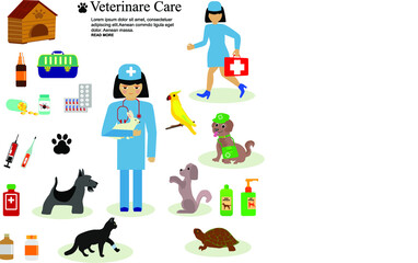Vector set in flat style with vets, dog, cat, pills, medicine and pet accessories dog and accessories set
