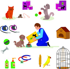 Dog products and accessories for pet . toys, food, collars, combs for pets.Teenage boy giving food to his puppy, dog, cartoon vector illustration on white background.