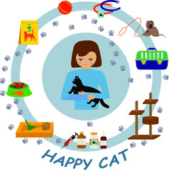 Dog products and accessories for pet . toys, food, collars, combs for pets.Teenage boy giving food to his puppy, dog, cartoon vector illustration on white background.