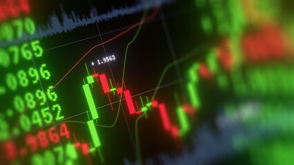 Business investment finance analysis data statistics digital stock market exchange forex trading graph chart financial candlestick indicator screen board abstract graphic design background. 3d render.