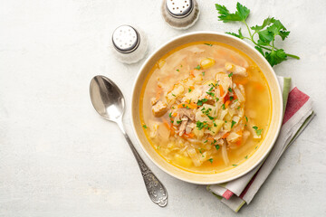 Traditional Russian cabbage soup Shchi on concrete background