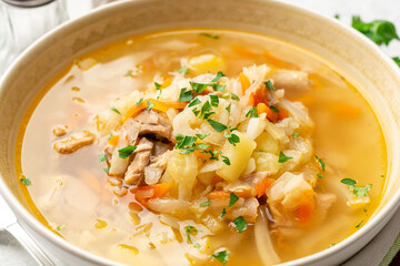 Traditional Russian cabbage soup Shchi on concrete background