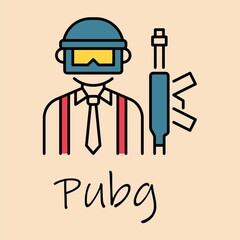 Flat vector icon of guy wearing tie, headgear and a weapon. Gaming concept illustration.