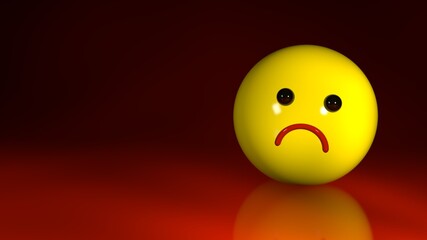 Sad emoticon on a dark red background, with a place for text. The concept of depression and psychological problems. 3D render