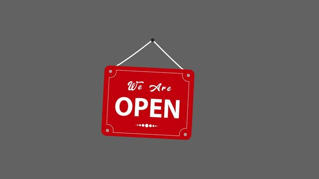 Open sign - Open door sign animated cartoon vector animation on transparent background - Open Store Hanging door sign with alpha channel. Sign for Business Door that says We are Open.