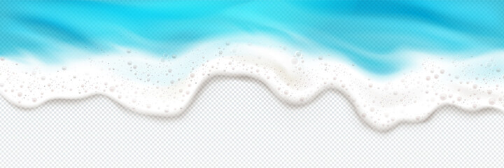 Top view of sea wave foam splashing border. Blue ocean foamy water splash isolated on transparent background. Natural nautical frame, spume or froth design element, realistic 3d vector illustration - obrazy, fototapety, plakaty