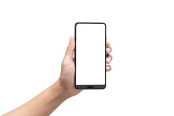 Man holding mobile phone with blank screen on white background.