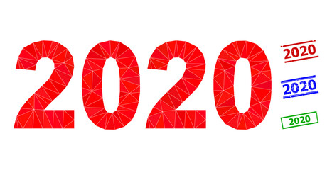 Triangle 2020 year digits polygonal icon illustration, and rough simple 2020 stamp seals. 2020 Year Digits icon is filled with triangles. Simple stamp seals uses lines, rects in red, blue,
