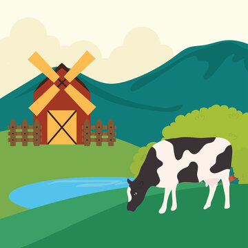 Farm and cow in front of mountain vector design