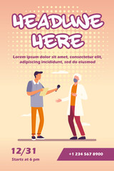 Young guy interviewing doctor in mask. Microphone, quarantine, reporter flat vector illustration. Pandemic and protection concept for banner, website design or landing web page