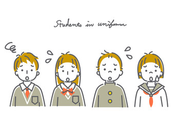 中学生・高校生（男女４人）のシンプルでかわいい線画イラスト素材セット