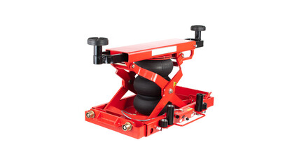 Red car traverse for repair and lifting of equipment in working form on a white background, isolation