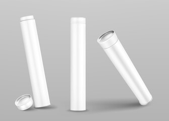 Kraft tube boxes mockup, closed and open cardboard cylinders of white color, blank containers for drawing or branding made of craft paper isolated on grey background, Realistic 3d vector mock up set