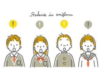 中学生・高校生（男女４人）のシンプルでかわいい線画イラスト素材セット
