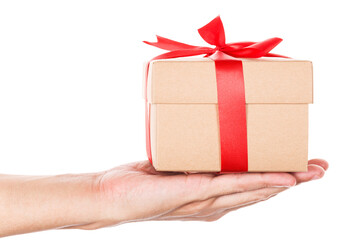 Hand holding a gift wrapped with red ribbon on white background