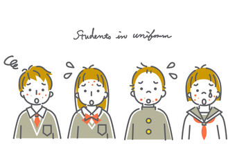 中学生・高校生（男女４人）のシンプルでかわいい線画イラスト素材セット