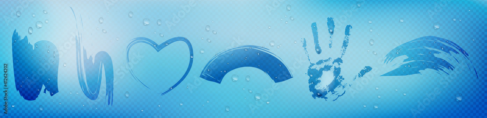 Poster misted glass or mirror with wipe stains in shape of heart and hand palm. vector realistic background